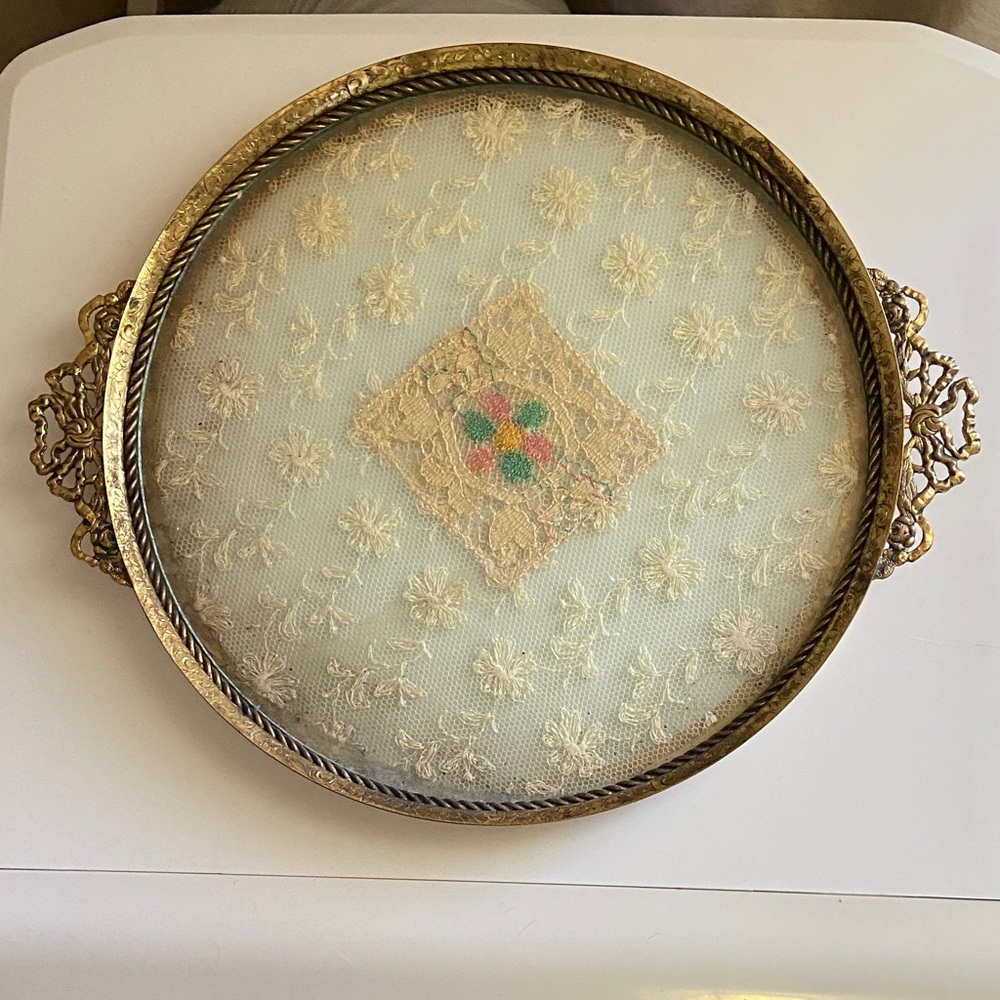 Antique Vintage Brass Gold glass Floral Lace Vanity Tray perfume make up hair